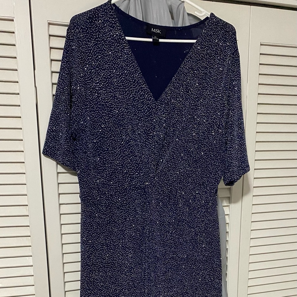 Sparkly blue, Slinky stretch material, tea length dress